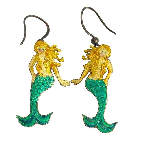Vintage Enamel Mermaid Earrings Hook Drop Dangle Mythological Sea Creature - Picture 1 of 9